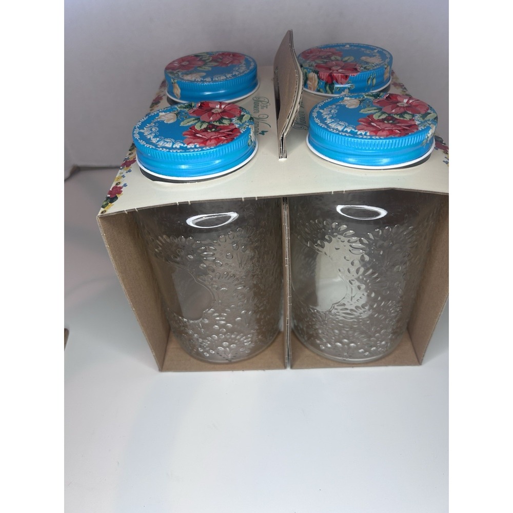 The Pioneer Woman Set of 4 Betsy Mason Storage Jars 32oz Lt Teal Floral Lids NIB - Picture 5 of 6